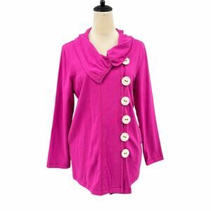 Neon Buddha Magenta Purple Stretch Knit Bold Button Drape Collar Cardigan Jacket